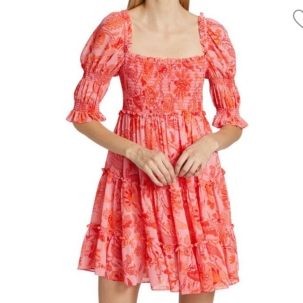 Cinq a Sept Jackie Pink & Red Smocked Floral Mini Dress